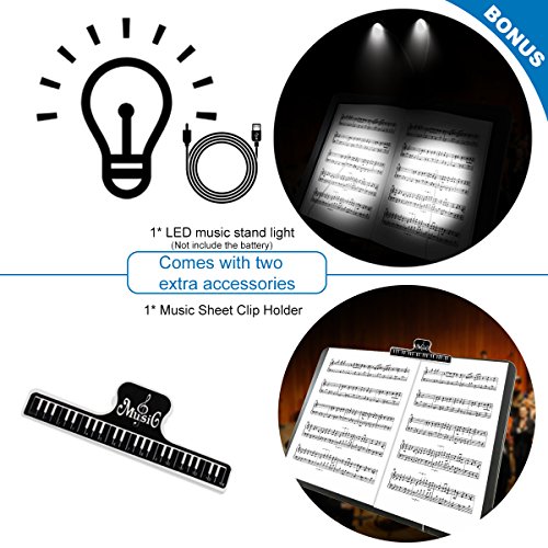 Music Stand, Kasonic Professional Collapsible Orchestra Portable and Lightweight with LED light, Music Sheet Clip Holder and Carrying Bag Suitable for Instrumental Performance (Black)