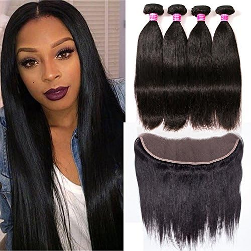 QinMei Hair Brazilian Straight Hair Bundles with Frontal Closure Ear to Ear Lace Frontal Closure with Bundles 8A Brazilian Virgin Hair Frontal with Baby Hair Natural Black Color (18 20 22+16 Frontal)