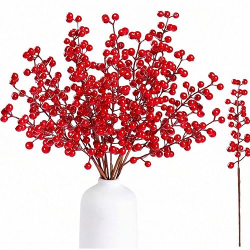 30 Pcs Glitter Eucalyptus Stems with Red Berries and Dark Green Foliage, Artificial Christmas Greenery for Xmas Tree Decor, Wedding, Fireplace Mantle and Holiday Home Decor