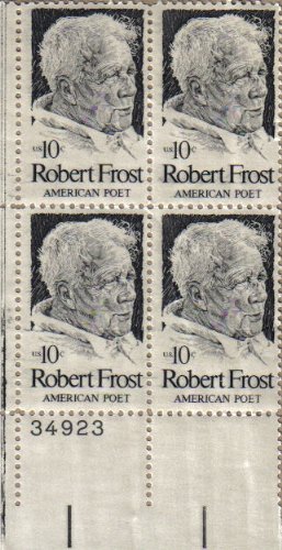 ROBERT FROST ~ POET ~ PULITZER PRIZE #1526 Plate Block of 4 x 10Â¢ US Postage Stamps