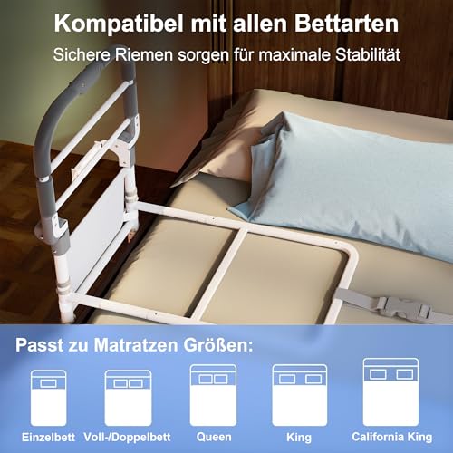 SANEWE Sponda Letto Anziani,Sponde per letto Anziani con borsa Supporto Regolabile in Altezza Pieghevole,Maniglia Antiscivolo,Luce con Sensore di Movimento,Adatto a Qualsiasi letto,Portata 160 kg