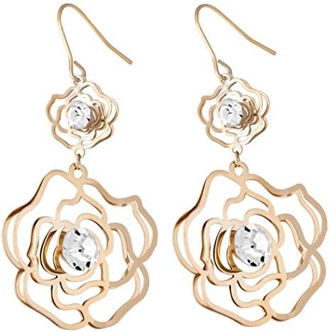 FashionCat Flowers 14K Gold Plated Base White Crystals Dangle Drop Fish Hook Earrings
