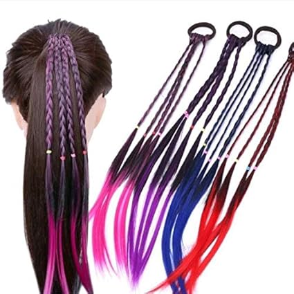 EROSPA® 4 Bunte Haarsträhnen mit Haargummi/Haarband - 40 cm - Haarteil Extension (Rot)
