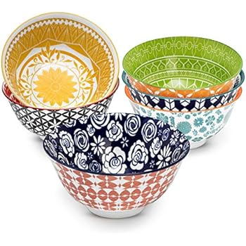 Annovero Cereal Bowls - Set of 6 Porcelain Bowls for Soup, Salad, Rice, or Pasta, 6.25 Inch Diameter, 23 Fluid Ounce (2.75 Cup) Capacity