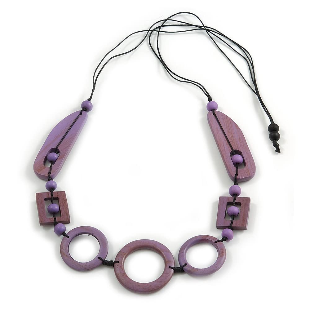 Avalaya Long Geometric Lilac Purple Painted Wood Bead Black Cord Necklace - 100cm Max/Adjustable