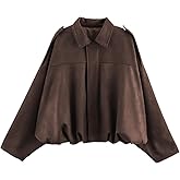Talakeno Womens Faux Suede Bomber Jacket Casual Lightweight Batwing Long Sleeve Oversized Coat Streetwear Outfits