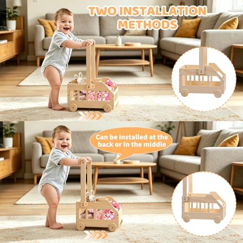 Wooden Baby Basket, Gift for Newborn Boy Girl, Baby Shower Basket, Bear Design, with Clothes Rack and Wheels, Decoration for Children's Room, Natural Colour