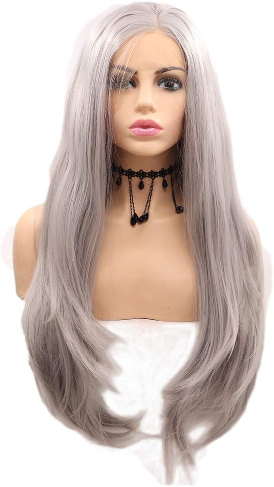 Silver Lace Front Realistic Wigs Grey Lace front Wigs for Women Long Straight Gray Synthetic Wigs Natural Hairline Glueless Heat Resistant Fiber Hair Drag Queen Daily Wear Afro Wig 24 Inch - Image 3