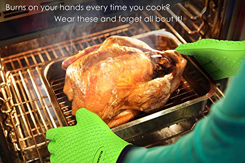 No.1 Set of Silicone Smoker Oven Gloves - Extreme Heat Resistant Washable Mitts for Safe Cooking Baking & Frying at The Kitchen,BBQ Pit & Grill. Superior Value Set + 3 Bonuses (Green)