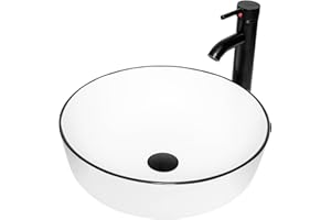 PULUOMIS White Ceramic Bathroom Sink, Above Counter Porcelain Vessel Sink with Black Faucet and Pop up drain Combo, Round