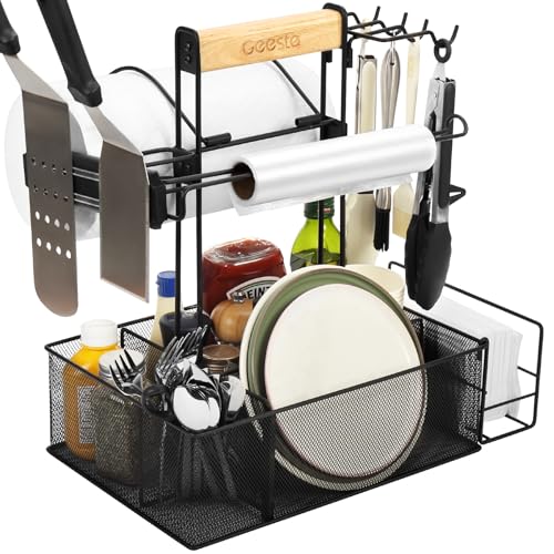 Geesta Grill Caddy - BBQ & Picnic Caddy with Paper Towel & Magnetic Tool Holders, Condiment Storage for Camper & Tailgate