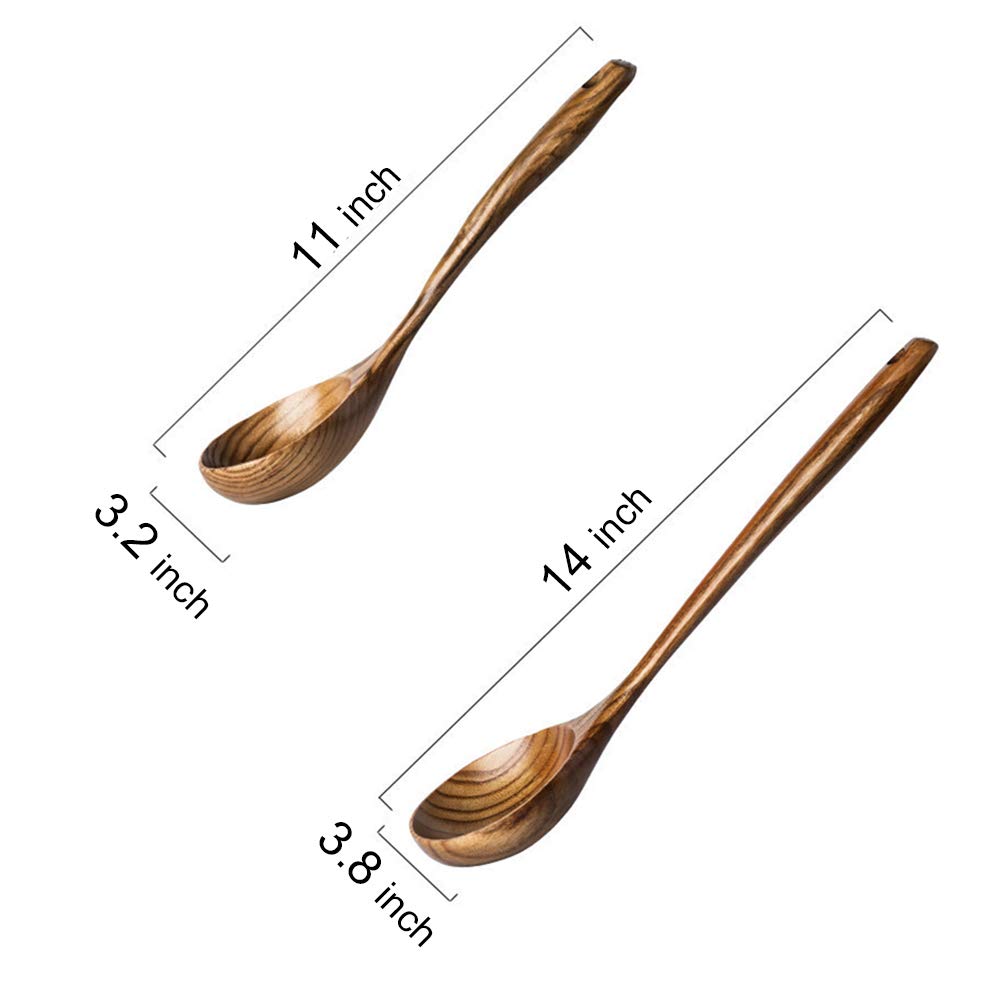 2 Pcs Wooden Spoon Ladle for Cooking Spoons Best Non Toxic Kitchen Tools -14 inch Long Kitchen Cooking Utensil & 11 inch Best Wood Spoons Large Deep Ladle Serving Spoons Soup Ladles Set