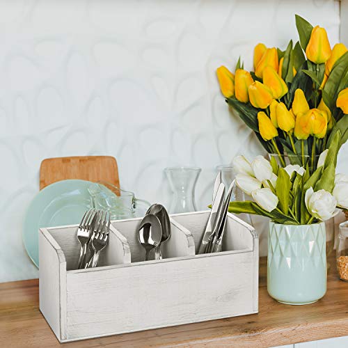 MyGift Vintage White Wood Kitchen Utensil Holder for Countertop with 3