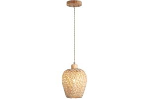 Hchunqjor Bamboo Pendant Light Fixture One-Light Adjustable Boho Basket Handmade Woven Mini Pendant Lighting for Kitchen Island Sink Farmhouse Home