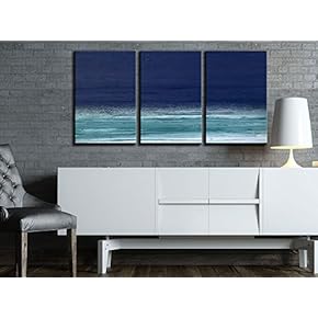 3 Piece Canvas Wall Art - Abstract Seascape Artwork - Modern Home Art Stretched and Framed Ready to Hang - 16"x24"x3 Panels