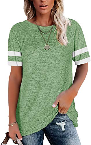 WOMENS T SHIRTS SHORT SLEEVE TUNIC TOPS LOOSE CREWNECK COLOR BLOCK CASUAL TEE SHIRTS BLOUSES GREEN