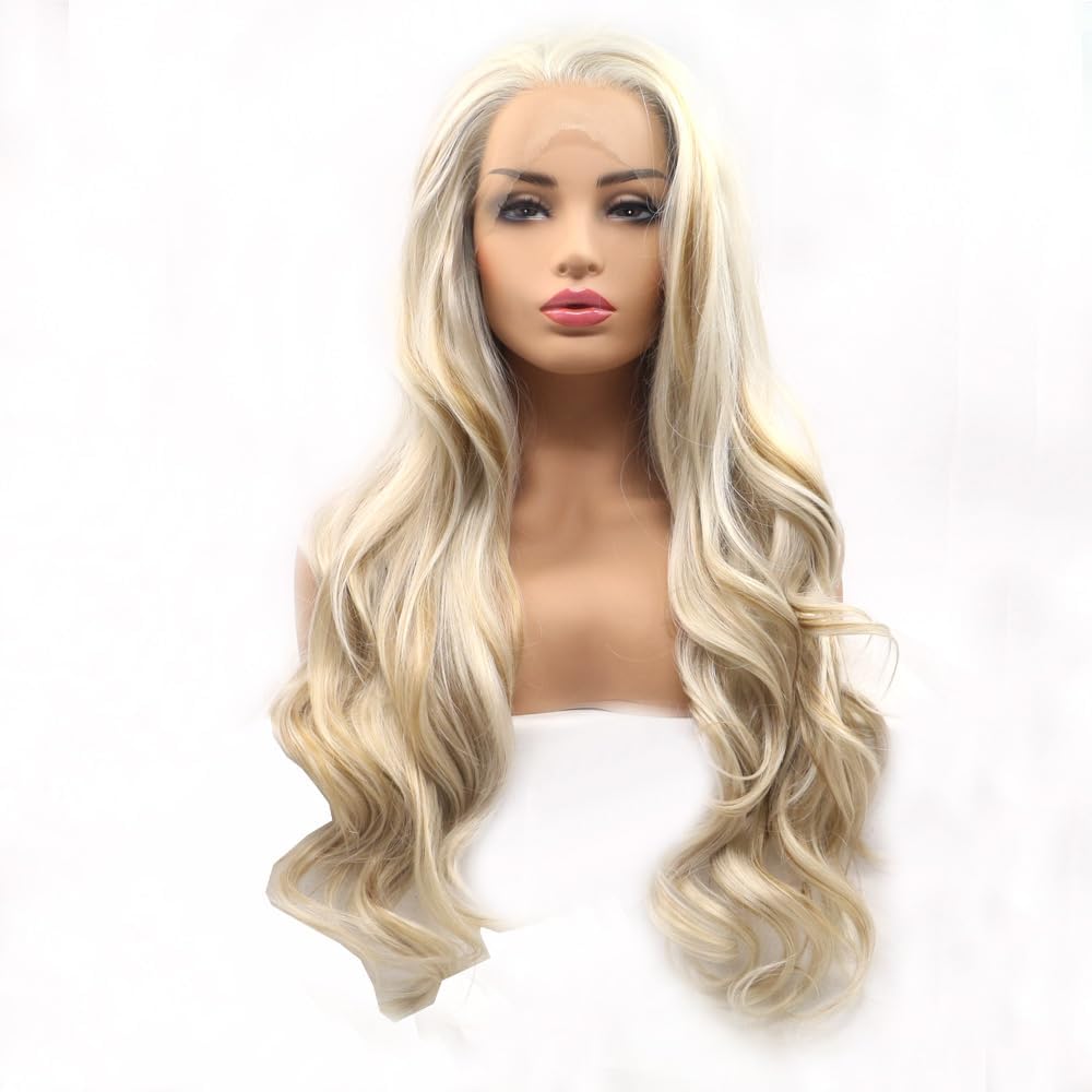 Xiweiya Long Highlight Wavy Wig Mixed Gold Brown Wig Synthetic lace Front Wig Heat Resistant Fiber Hair Replacement Hair Free Part for Women, Drag Queen 24 inch โ image 1