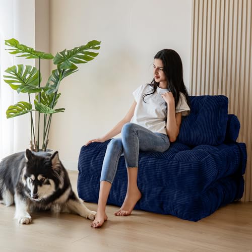 MAXYOYO Foldable Convertible Sofa Bed with Pillow, Mattress with Back Support, Portable Comfortable Armchair Bed for Living Room Bedroom, Navy Blue