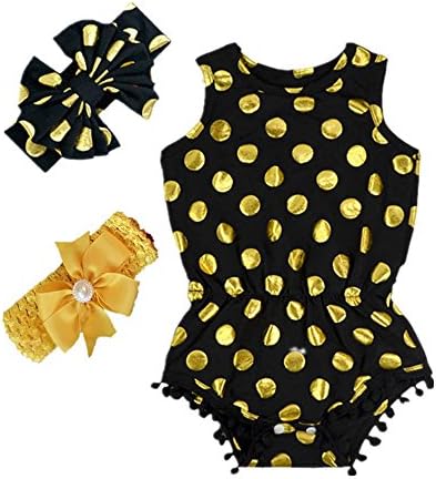 Eshiony Baby Romper Outfit Cute Gold Polka Dots with 2PC headbands
