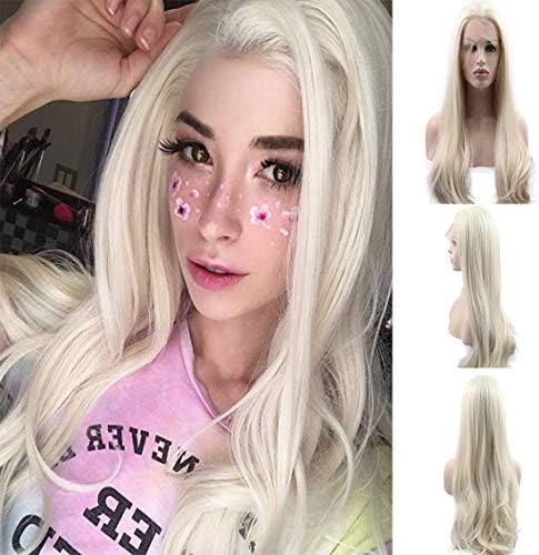 24" 60# Platinum Blonde Lace Front Wigs Long Wave Natural Hairline Synthetic 180% Density Guleless Heat Resistant Fiber Hair Replacement Wig for Woman