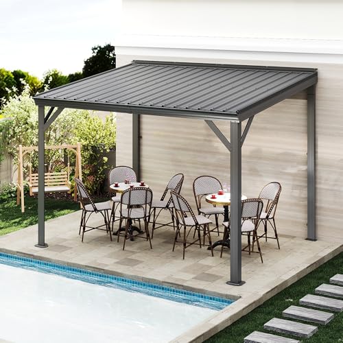 Domi 8x10FT Lean to Gazebo, Outdoor Hardtop Wall Mounted Gazebo with Sloping Galvanized Steel Roof, Upgraded Heavy Duty Mounted Shelter with Drainage System for Deck, Porch, Backyard, Grey