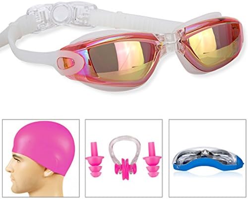 EENG Swimming Goggles+Swim Cap + Case + Nose Clip + Ear Plugs,Swim Goggles for Kids Men Women Girls Youth Child Pink