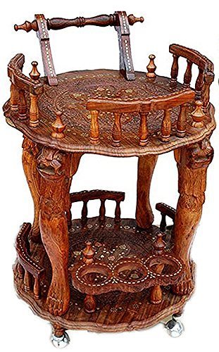 Artesia Wooden Handmade Service Trolley with Brass Inlay Work & Carving