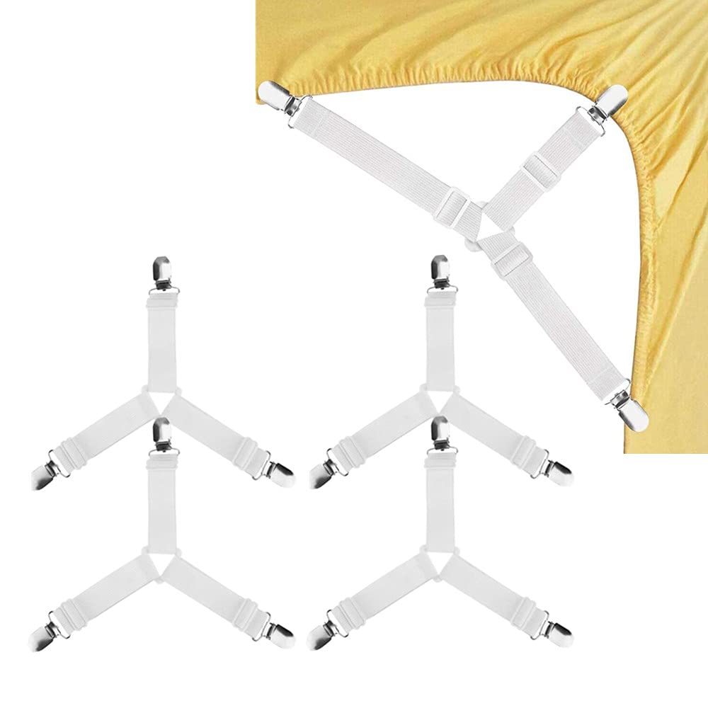 Bed Sheet Clips，4Pcs Bed Sheet Holder Corner Straps, Adjustable Triangle Fastener Elastic Corner Suspenders Grippers Holder for Bed Comforter Sofa Cushion Mattress Covers Corner (White).