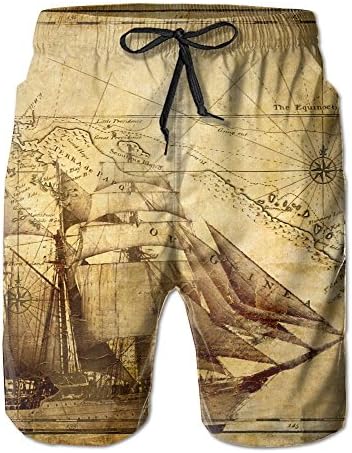 Usieis Karta-fregat-parusnik-korabl Surfing Pocket Elastic Waist Men's Beach Pants Shorts Beach Shorts Swim Trunks
