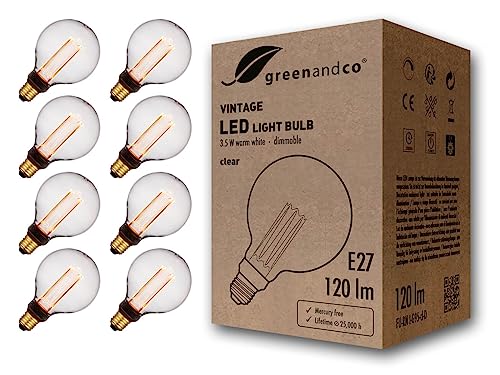 greenandco 8x dimmbare Vintage Design LED Birne zur Stimmungsbeleuchtung | E27 G95 | klar | 3,5W 120lm | 1800K extra warmweiß | 320° | 230V | flimmerf