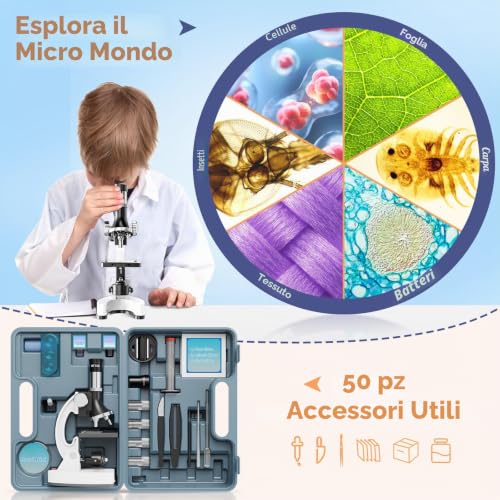 Professional Children's Microscope Kit, 100X-1200X: Optical Microscope for Boys Discovery STEM Biology – Science Set with Microscope Slides, Transport Box – Educational Gift for Child 5-12 Years