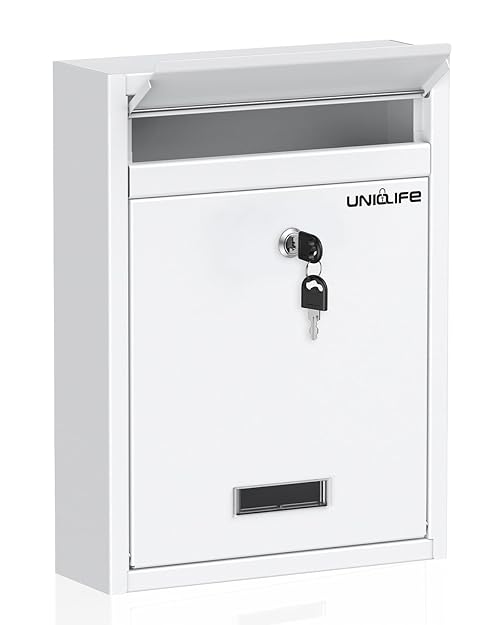 Uniclife Wall Mount Mailbox for Outside, Locking Mailbox, Large Security Mail Box for House, Safe Key Drop Box, Post Box, Steel Cash Drop Box for Home Office School, White