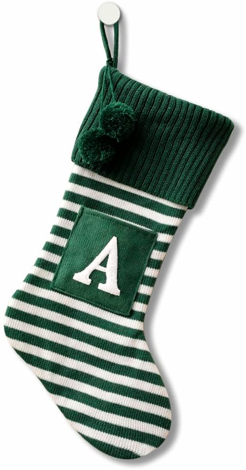 Stockings & Holders - 20 Inches Initial Monogram Embroidered Christmas Stocking Striped knitted Christmas Decorations Stocking Red,White, Green Letter Stockings for Family Holiday and Xmas Tree Fireplace Decor-50-A-Green