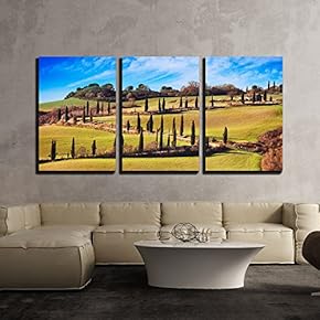 3 Piece Canvas Wall Art - Cypress Trees Scenic Road. Siena, Tuscany, Italy. - Modern Home Art Stretched and Framed Ready to Hang - 16"x24"x3 Panels