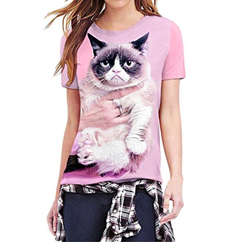 Click Here to See More Images NREALY Women Funny Mode 3D Print Cat Kitty Short Sleeve Top Blouse T Shirts(XXX-Large, Pink)
