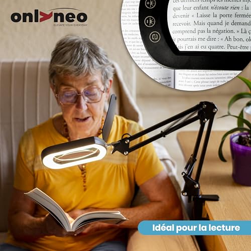 Onlyneo - 10X Magnifying Lamp on Stand, Rectangular XL Lens without Distortion, Desk Magnifying Lamp for Reading, Nailing, Diamond Painting, Crafts, DIY, 5 Colour and Brightness Modes