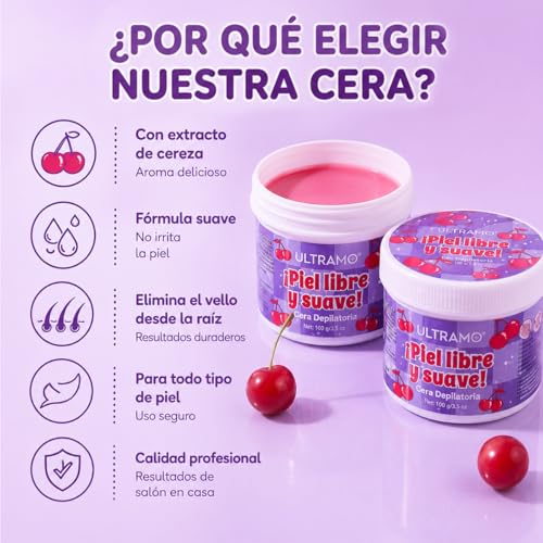 ULTRAMO Cera Depilatoria Suave 1pzs | Depilacion Sin Dolor, Facil Dne Calentar Que Deja La Piel Limpia Y Suave, Para Cuerpo Completo Y Areas Sensibles, 100g (Cereza)
