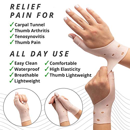 DropSky [4pcs] Gel Wrist Thumb Support Braces Soft Waterproof Breathable, Relief Pain Carpal Tunnel, Arthritis Thumb, Fits Both Hands, Lightweight, Therapy Elastic Silicone, Stabilizer Support [Nude] - Thumbnail 2