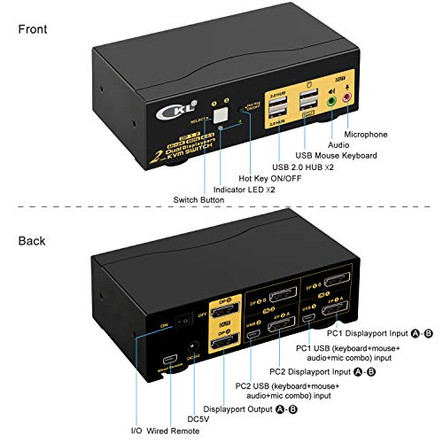 CKL KVM Switch Dual Monitor DisplayPort 2 Port 4K 60Hz 444, 2x2 DP