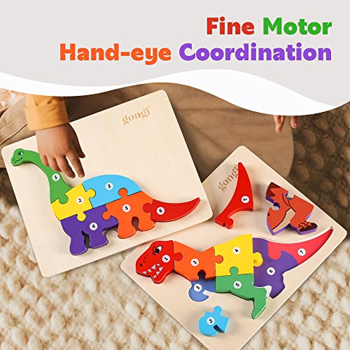 Wooden Puzzles for 2 Year Olds, Two Sided Dinosaur Puzzle for 3 Year