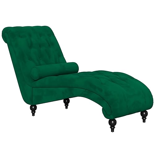 Vesgantti Velvet Button-tufted Indoor Chaise Lounge, Upholstered Chaise Longue Chair with Lumbar Pillow, Leisure Chair for Living Room Bedroom and Office, Easy to Assemble