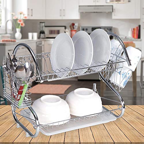 Stainless Steel 2-Tier Drying Dish Rack,Kitchen Multifunctional Durable Rust-resistance Dish Drainer with Chopstick Cup Holder and Water Catcher for Dishes Plates Cups Bowls (Shipped From US) (Silver) - Thumbnail 4