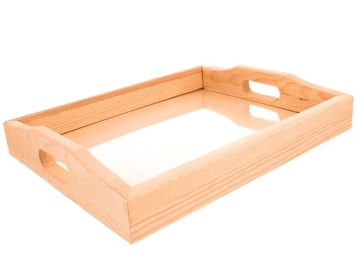 Solid pine wood tray with glass 40x30x4 cm.