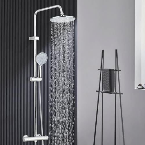Zamery Duschsystem Mit Thermostat 23Cm Rund Regendusche Duschkopf, 3 Strahlarten Duschkopf, Überkopfbrause Set, Duschgarnitur Chrom