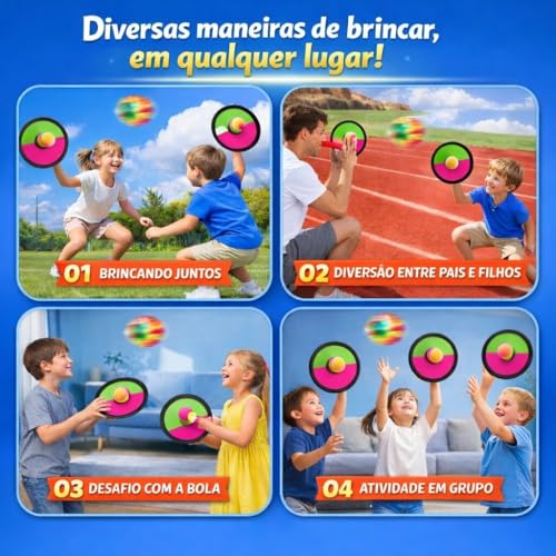 Jogo Brinquedo Bateu Colou, 2 Raquetes e 1 Bolinha, Jogo Divertido Esporte ao Ar Livre, Raquete Bate e Gruda