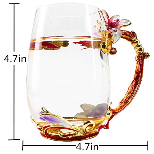 Tea Cup Coffee Mug Cups, Creative Lily Flower Glass Tea Cup, Handmade Tea Mug, Unique Personalized Birthday Present Ideal for Friend Wedding Anniversary Christmas Birthday - 13OZ Pink - Thumbnail 5