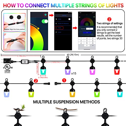 Color Outdoor String Lights,49FT Patio Lights, Warm White,Multi-Color,RGBW Smart String Lights,15 LED Dimmable Shockproof Bulbs,APP Control,IP65 Waterproof,210view Mode,Yard,Garden,Christmas Party