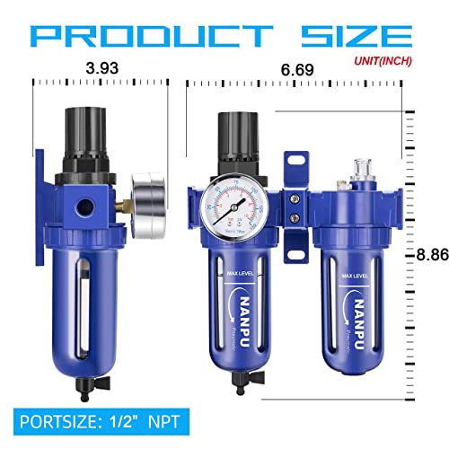 NANPU 1/2" NPT Compressed Air Filter Regulator Lubricator (FRL), Zinc