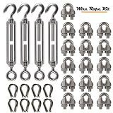 4-Pcs Turnbuckle/Tension(Eye&Hook, M6), 16-Pcs 1/8 Inch Wire Rope Cable Clip/Clamp(M3), 8-Pcs Thimble(M3), Stainless Steel Kit