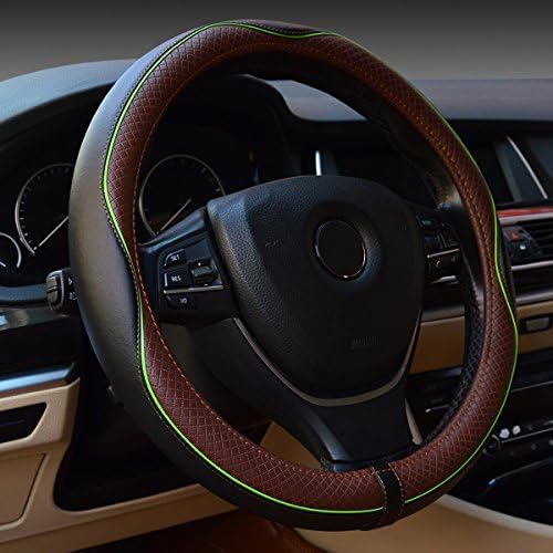 Leather Auto Car Steering Wheel Cover Universal 15 Inch - Soft Breathable Steering Wheel (Brown&Green)